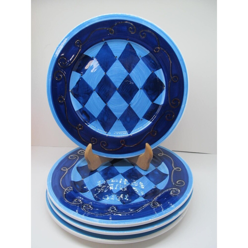 Signature Harlequin holiday By Ursula Dodge Set Of 4 Blue Ironstone Plates GC